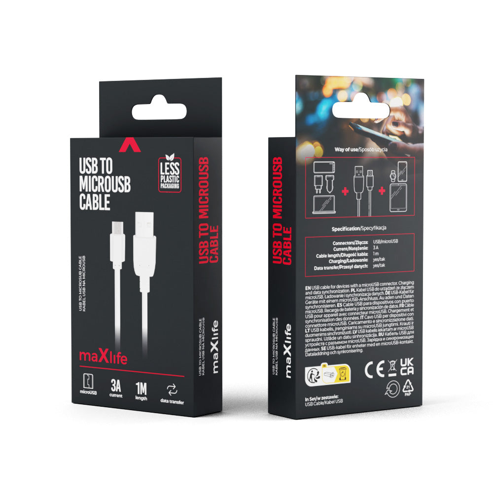Maxlife kabel USB - microUSB 1,0 m 3A biały