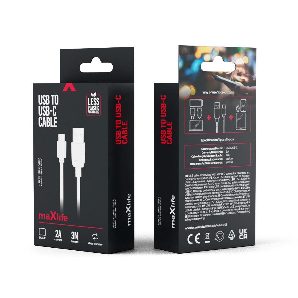 Maxlife kabel USB - USB-C 3,0 m 2A biały