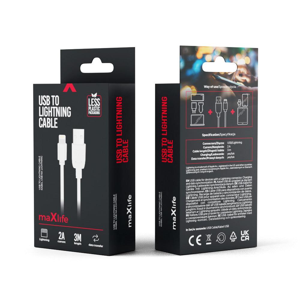 Maxlife kabel USB - Lightning 3,0 m 2A biały