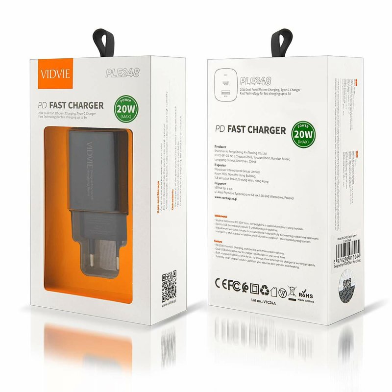 Ładowarka sieciowa Vidvie PLE248 3A PD 20W USB - USB - c + kabel USB - C czarna TTT
