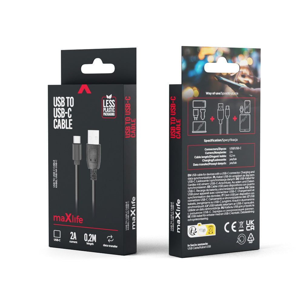 Maxlife kabel USB - USB-C 0,2 m 2A czarny